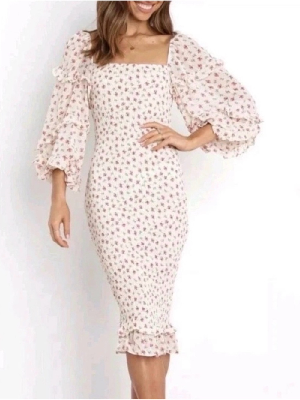 Petal & Pup cream Midi Dress with pink flowers